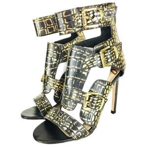 Sam Edelman Black & Gold Animal Print Strappy Caged Stiletto Heels Size 6M